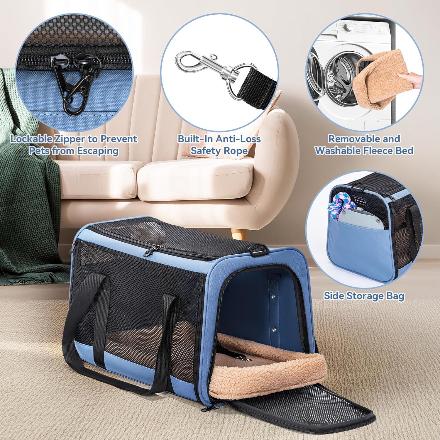 PETSFIT Soft-Sided Cat Carriers & Car Seats with Patent Safe Buckles, Clip-On Harness，18"x11"x11" Airline Approved Pet Carrier - 9 lbs Capacity (Blue)