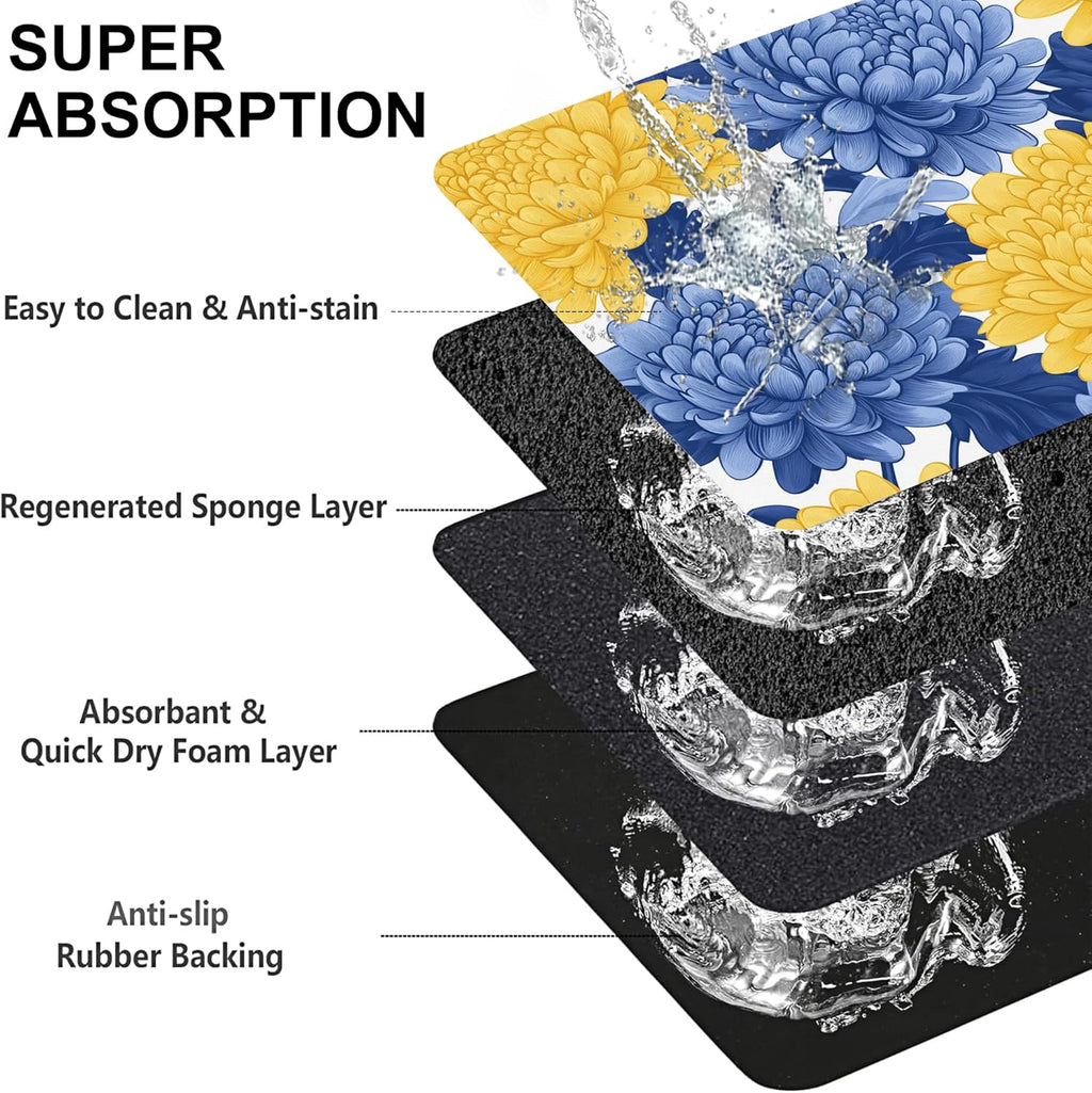 Blue Yellow Flowers Pet Cat Dog Food Mat-Absorbent Quick Dry Feeding Placemat for Water and Food, No Stains Rubber Base Mat for Indoor Use, Pet Accessories 16"x24"