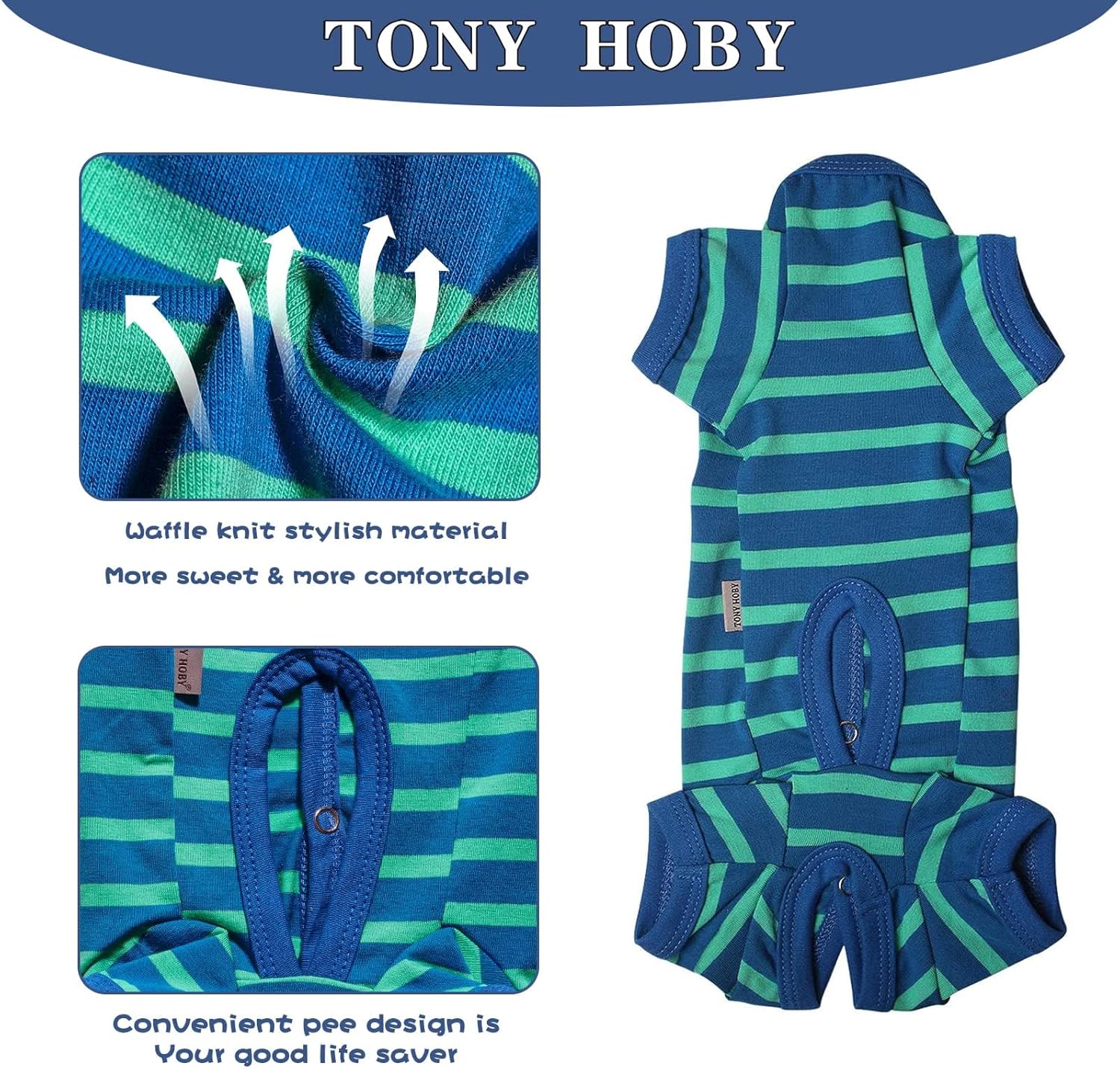 TONY HOBY Dog Pajamas for Female/Male, Dog Jumpsuit with Stripes for Small Medium Dogs, Soft and Comfortable 4 Legged Pajamas Dogs Clothes (Blue&Green, Boy, S)