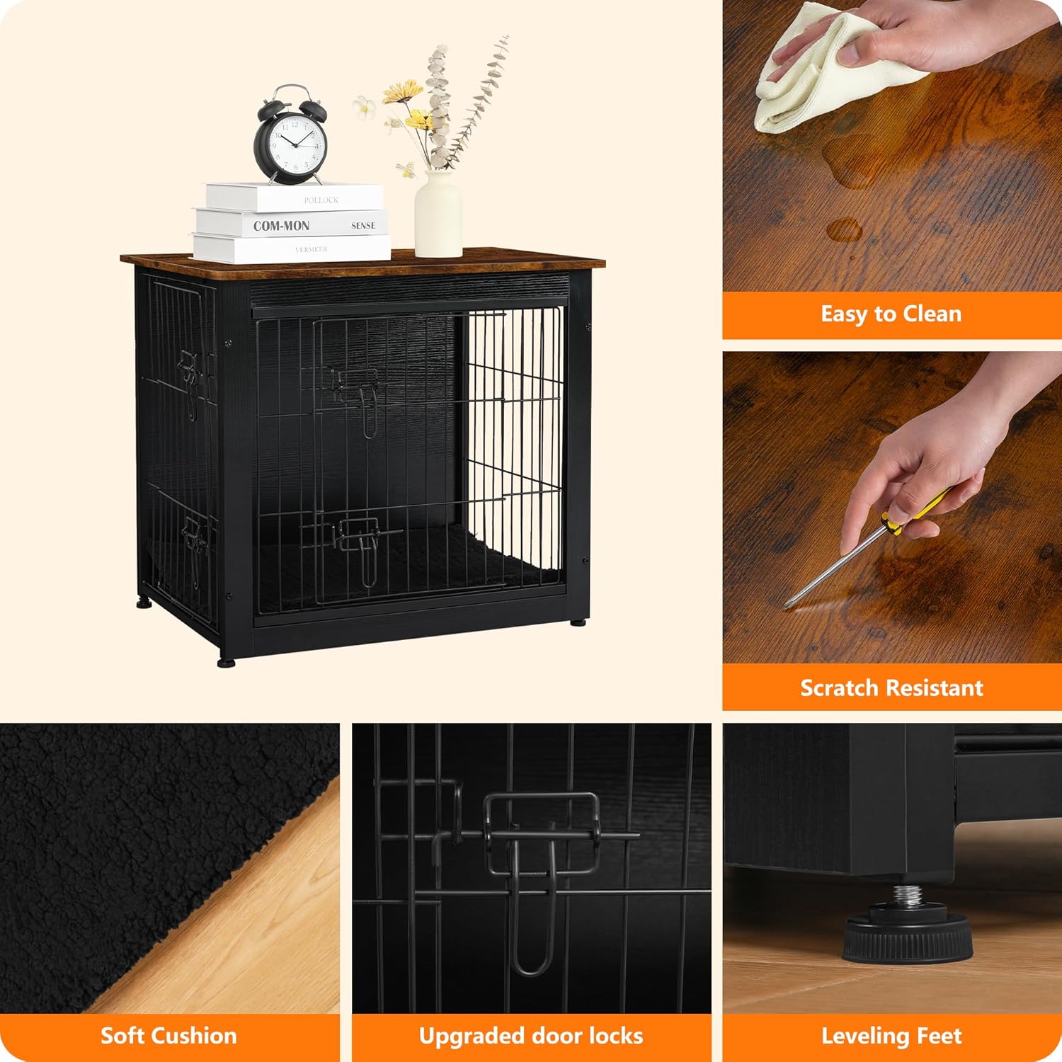 DWANTON Dog Crate Furniture with Cushion, Wooden Kennel Table with Double Doors, Indoor Dog House, Small/Medium/Large Size, 27.2" L, Black+Rustic Brown