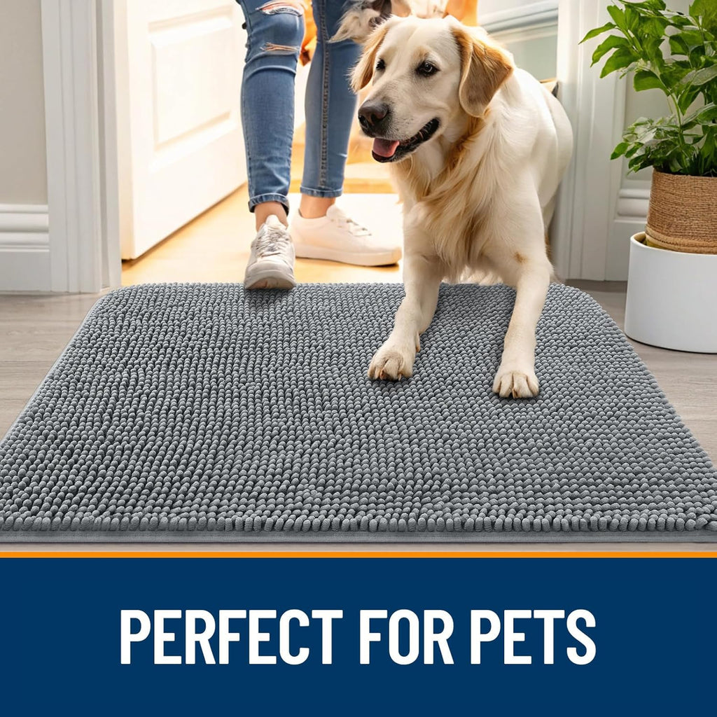 OLANLY Dog Door Mat for Muddy Paws 54x32, Absorbs Moisture and Dirt, Absorbent Non-Slip Washable Doormat, Quick Dry Chenille Mud Mat for Dogs, Entry Indoor Entryway Carpet for Inside Floor, Grey
