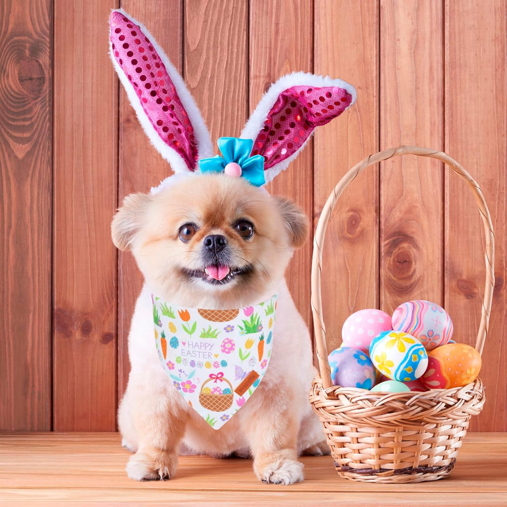 PTDECOR Easter Dog Bandana, Reversible Rabbit Easter Egg Dog Scarf, Multi Size, White Green Bandanas for Small Pets (White&Green, Small)