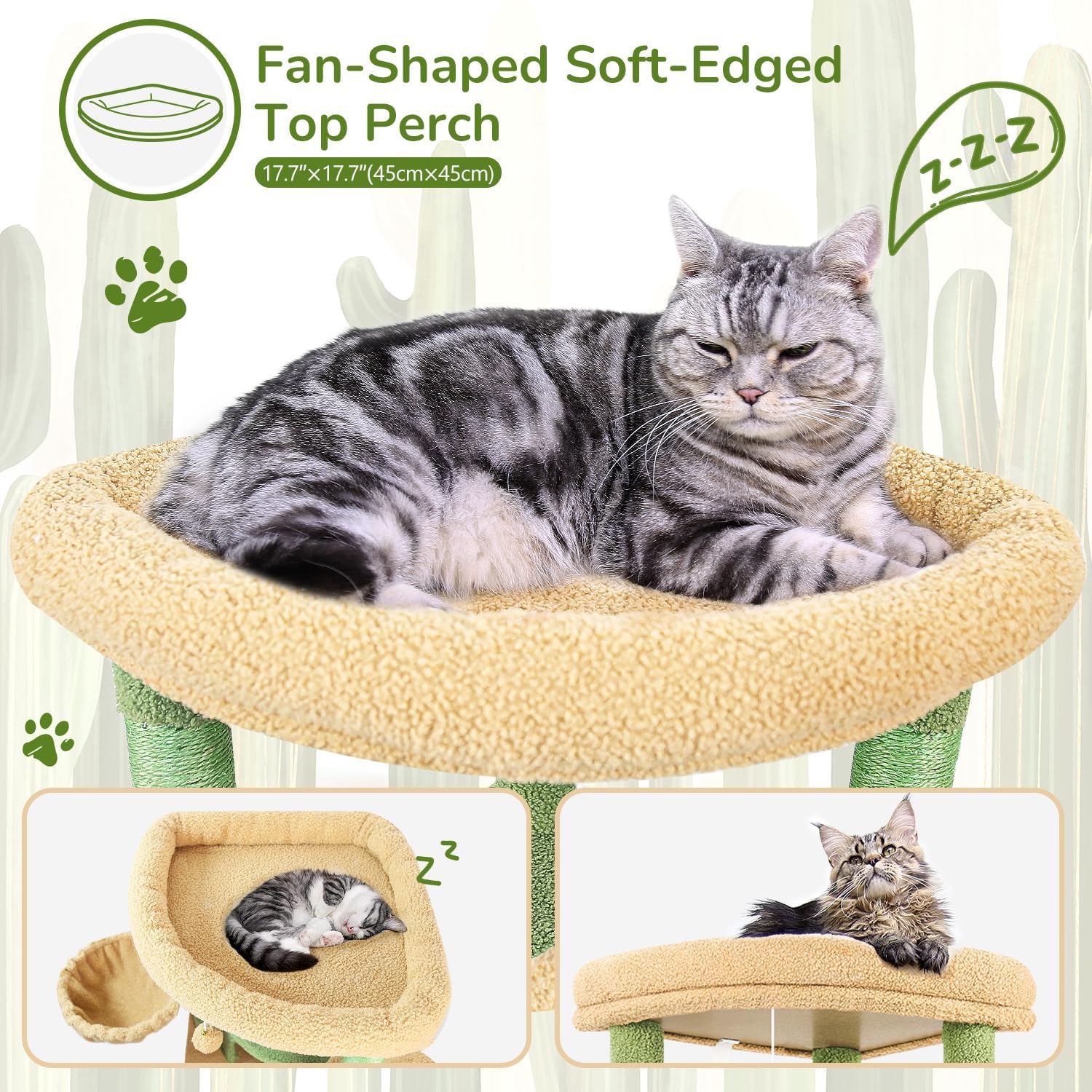 Globlazer Cactus Corner Cat Tree Tower with Scratching Post for Indoor Cats, 51in Multi-Level Cat Condo Tower with Large Hammock, Fan-Shaped Padded Perch, Spacious Cat Cave, Hanging Basket, C51, Green
