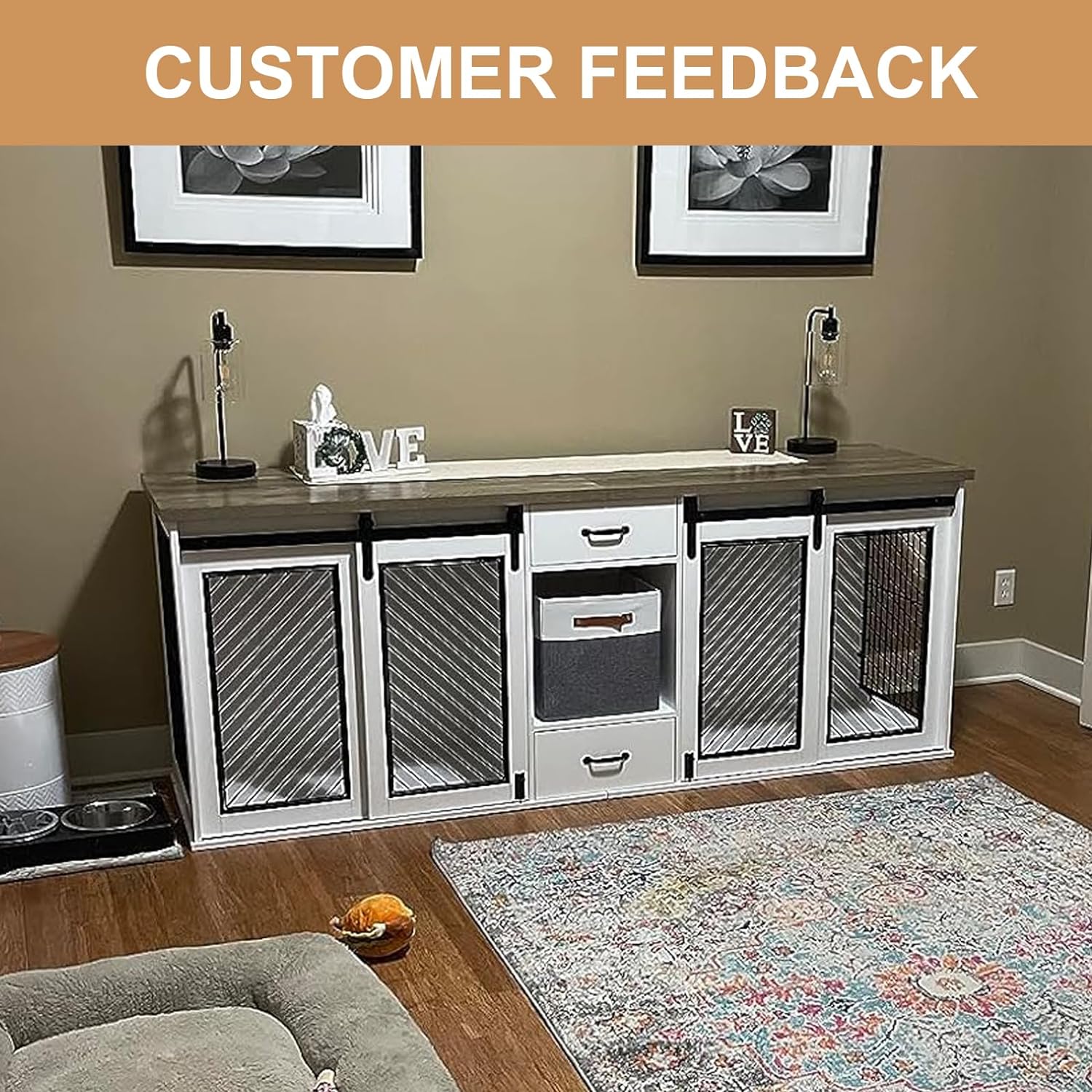 Extra Large Dog Crate Furniture, 85" Sliding Door Double Kennel for 2 Large Dogs Divided, Heavy Duty Wooden Dog Crate Kennel Furniture with 4 Dog Bowls and Drawer Indoor, White