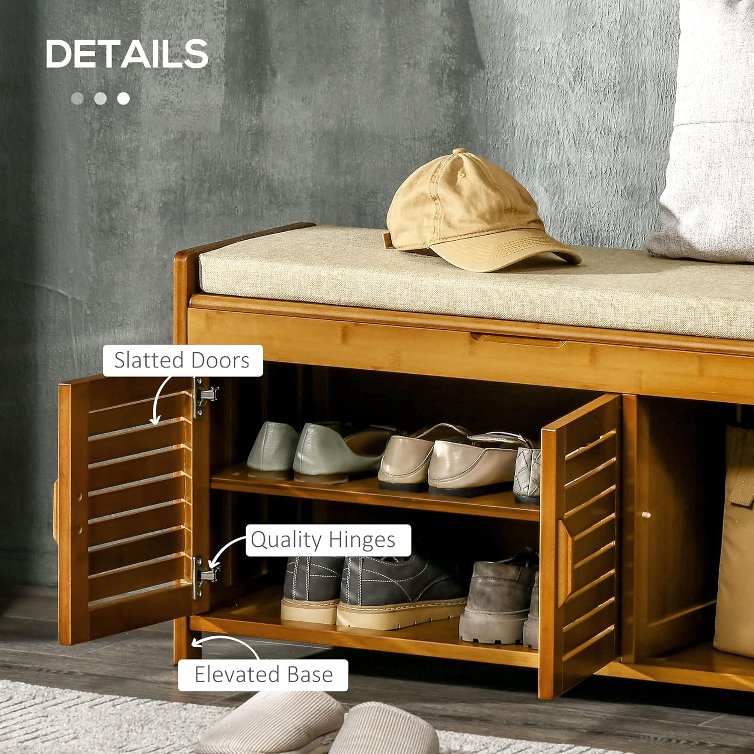 Shoe Bench with Storage Cabinets, Bamboo Entryway Bench with Seating Cushion, 3 Doors and Hidden Compartment for Hallway, Brown
