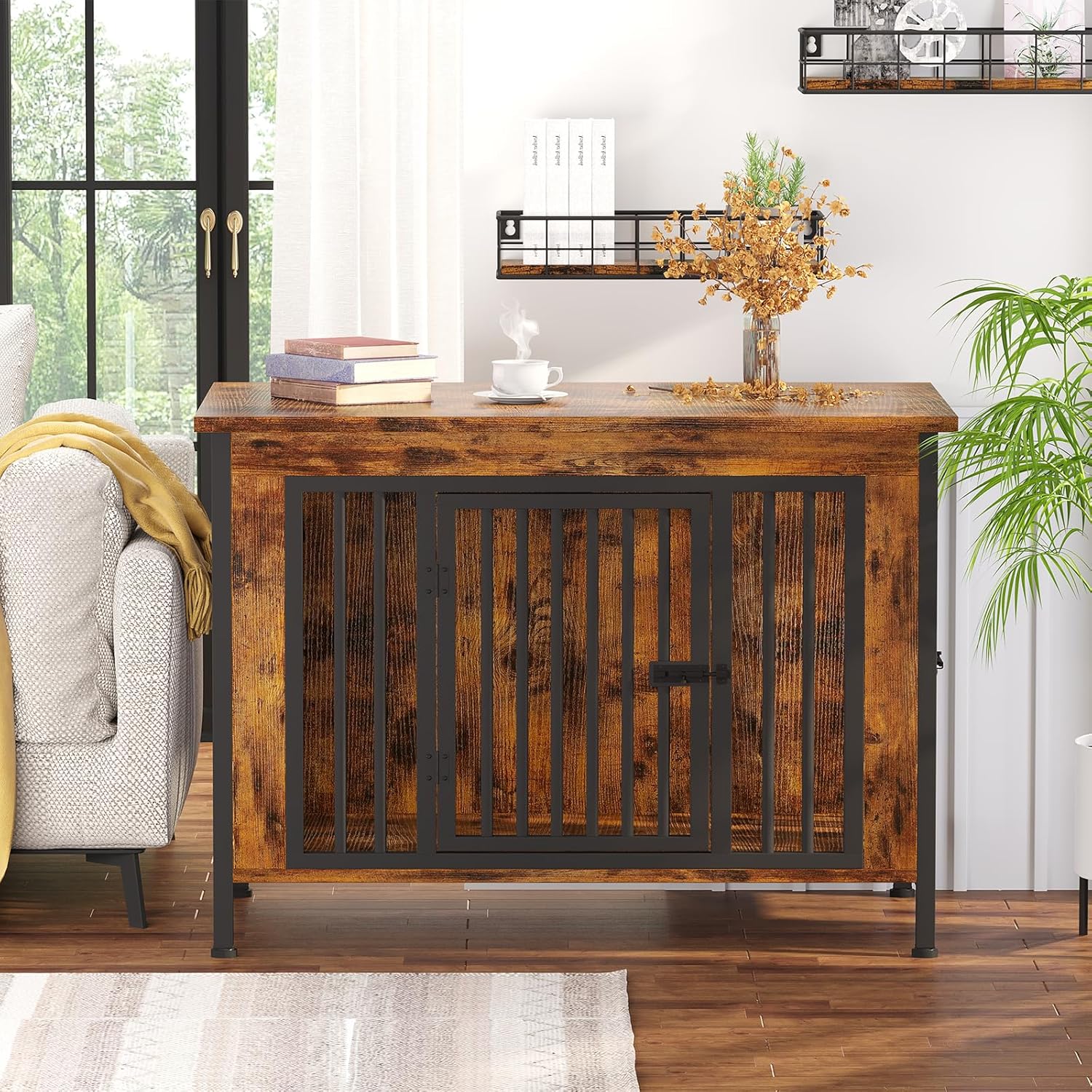 EasyCom 39.96" XL Wooden Large Dog Crate Furniture for Medium and Large Breed, Chew-Resistant Dog Kennel Furniture Indoor with 2 Doors and 3.94" Raised Feet, as TV Stand, End Table, Crate Table