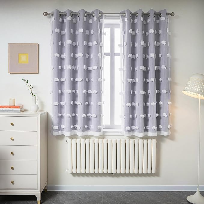 MYSKY HOME Lilac Curtains for Girls Bedroom Kids Curtain 54 Inches Length White Pom Pom Sheer Small Window Curtains 2 Panels Double Layer Curtains Grommet Room Darkening Nursery Curtains, W52 X L54