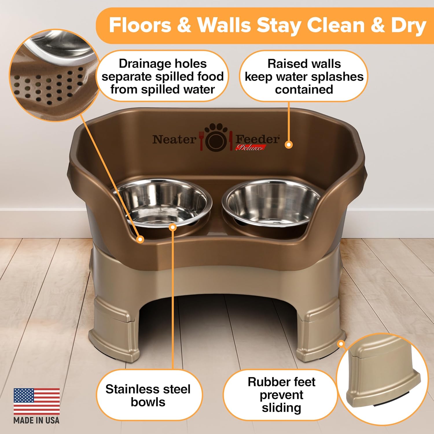 Neater Feeder Deluxe Mess Proof Dog Bowls Elevated Medium Sized Dogs (19-40 lbs) Made in USA, No Spill Raised Dog Food Bowl Stand w/Leg Extension, Stainless Steel Food and Water Bowl Set, Bronze
