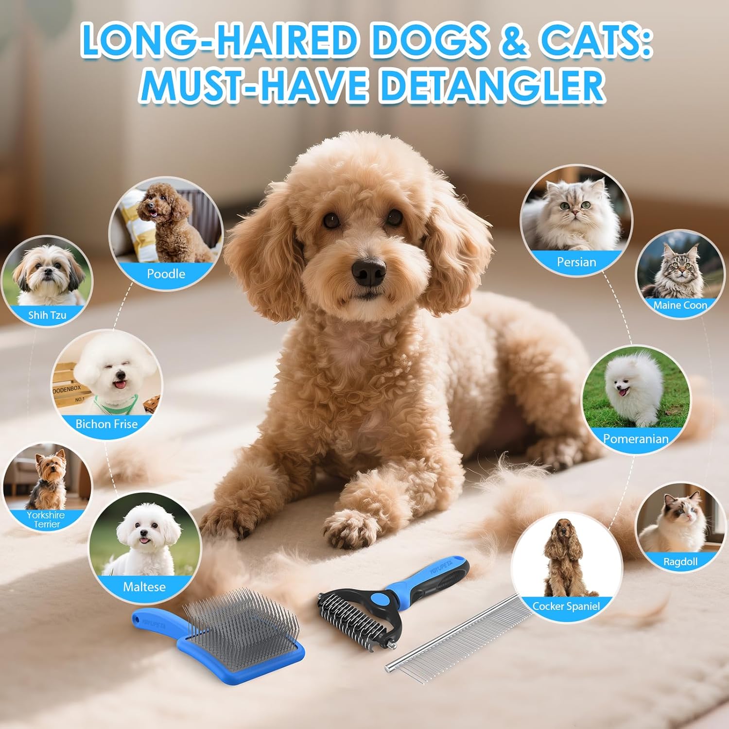 Large Slicker Brush for Dogs - 3PC Pet Grooming Kit - Undercoat Rake & Stainless Comb | Long Pins Remove Mats on Poodles, Golden, Labradoodles | Thick Coat Deshedder for Dogs, Cats, Blue