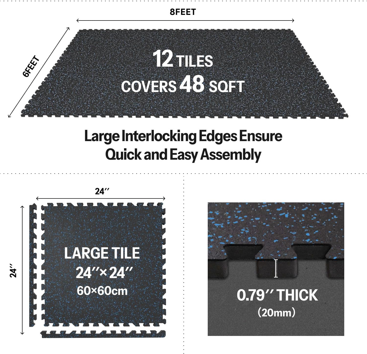 AIRHOP 0.79in Thick 48 Sq Ft Exercise Equipment Mats, 12 Tiles Upgraded Rubber Top with High Density EVA Foam, Large Interlocking Puzzle Gym Flooring for Home Gym, Heavy Weight Workout,Black & Blue
