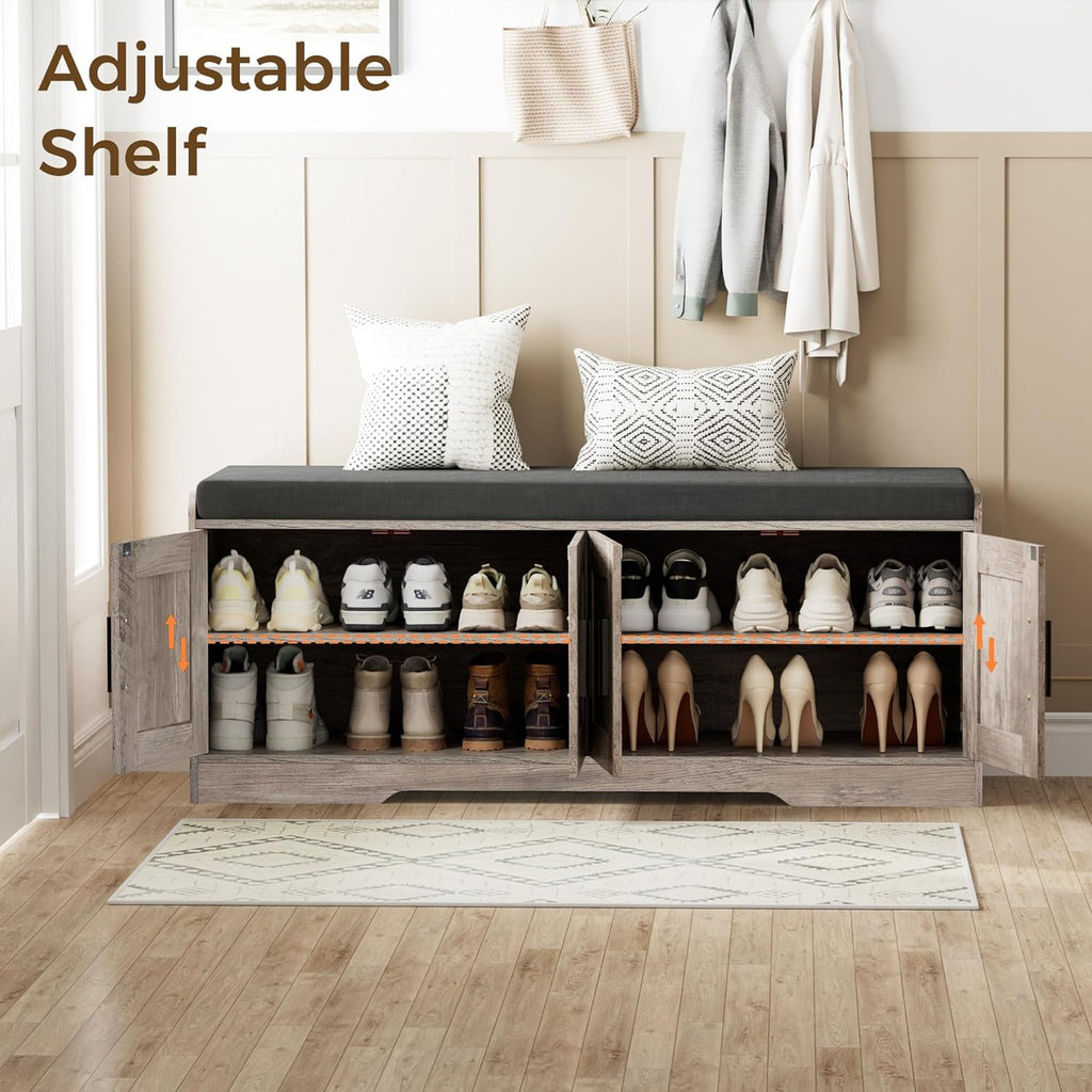 2-Tier Storage Bench, Shoe Bench with Thickened Padded Seat Cushion, Entryway Bench with 4 Doors, Adjustable Shelf, 13.8" D x 45.3" W x 18.5" H, for Entryway, Living Room, Bedroom, Greige