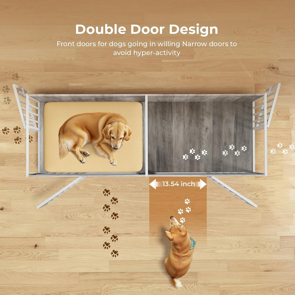 63 Inch Dog Cage Furniture for 2 Large/Medium Dogs with Removable Divider, Extra Large Double Doors Dog Kennel, XXL Thick Wooden Dog cage Furniture, Durable and Sturdy, Beige