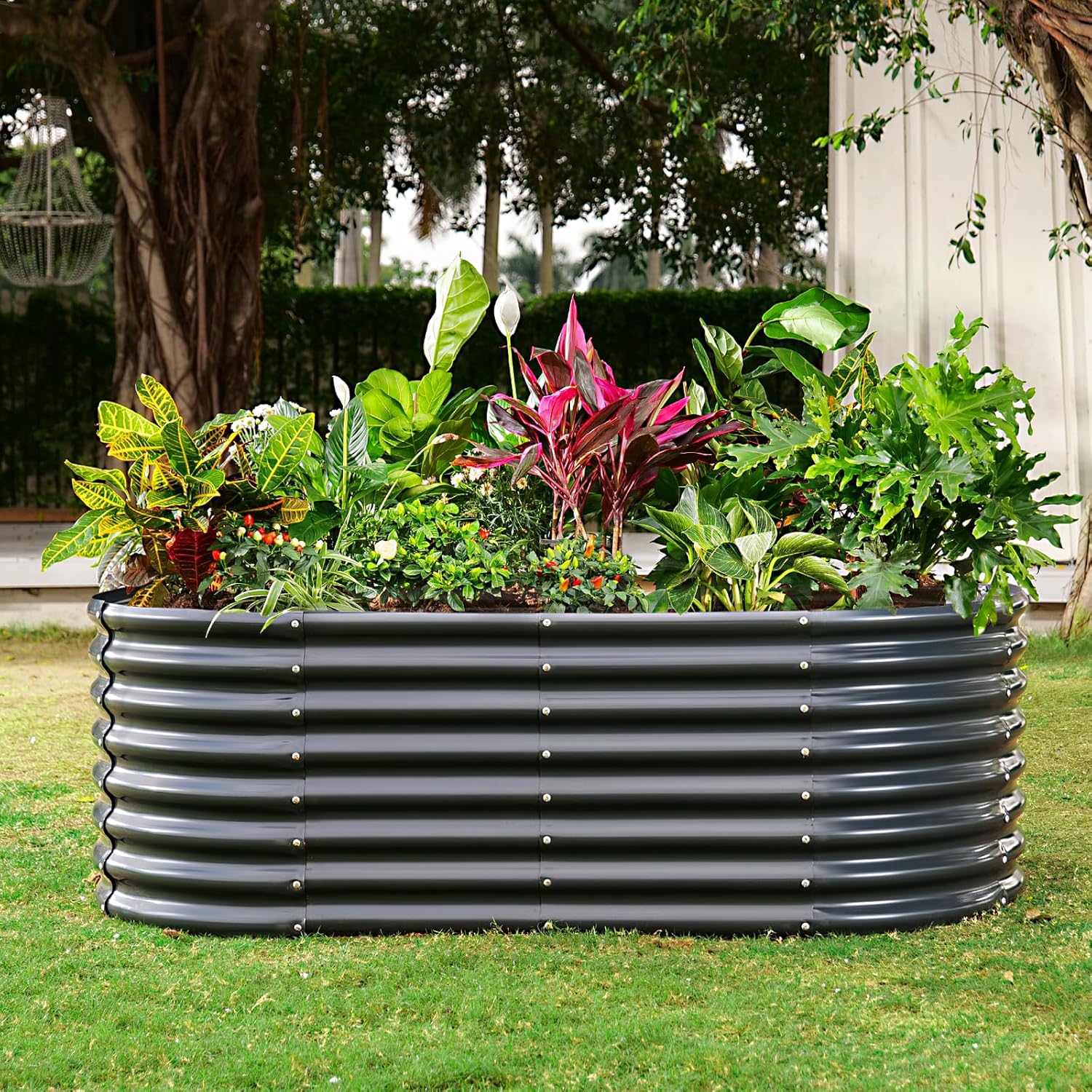 Land Guard 24“ Tall Galvanized Raised Garden Bed Kit, Galvanized Planter Garden Boxes Outdoor, Oval Large Metal Raised Garden Bed for Vegetables (Dark Gray, 4×2×2ft)