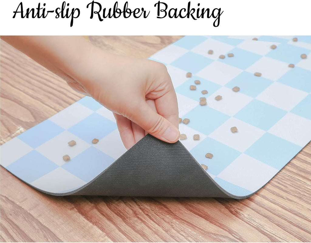 Ralxion Checkered Dog Feeding Mat, Absorbent Mats for Dog Food and Water Bowl, Dispenser, Retro Aesthetic Blue Checkerboard Pet Placemat for Dogs, Cats, Puppy Accessories, 12" X 19”