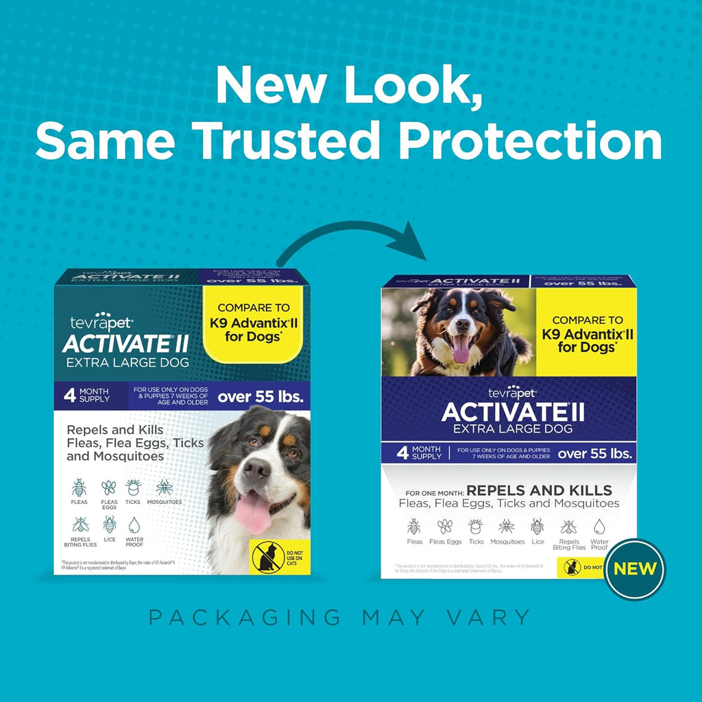 TevraPet Activate II Flea and Tick Prevention for Dogs | 4 Count | Extra Large Dogs 55+ lbs | Topical Drops | 4 Months Flea Treatment
