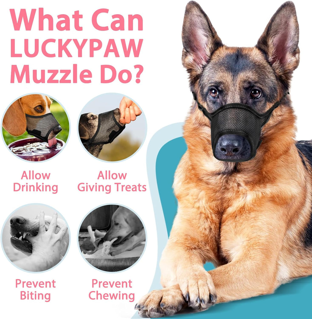 LUCKYPAW Dog Muzzle, Mesh Muzzle for Large Medium Small Dogs, Soft Mouth Guard for Biting Chewing, Breathable Mouth Cover with Adjustable Hook and Loop for Training, Grooming(Black, XS)