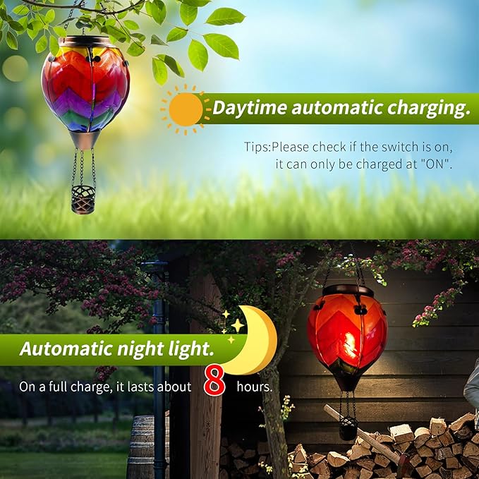 Glass Solar Hot Air Balloon Lantern with Flame Hanging Garden Flickering Light Outdoor Waterproof for Yard Patio Tree Mother's Day Gift, Wavy-Colorful