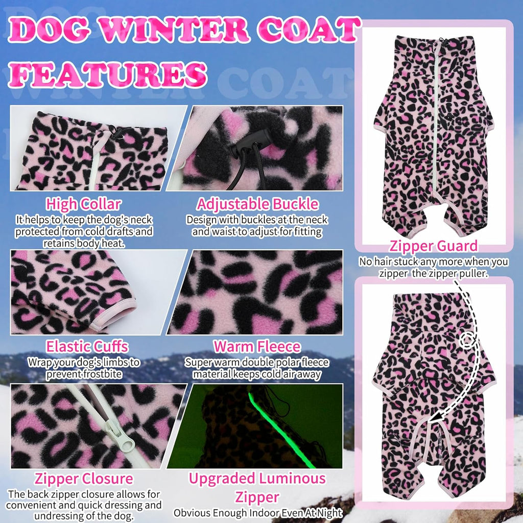 ROZKITCH Fleece Small Dog Pajamas, Pet Windproof Warm Cold Weather Jacket Vest with Luminous Zipper, Jumpsuit Apparel Outfit Clothes for Small Medium Large Dog L-Pink XS