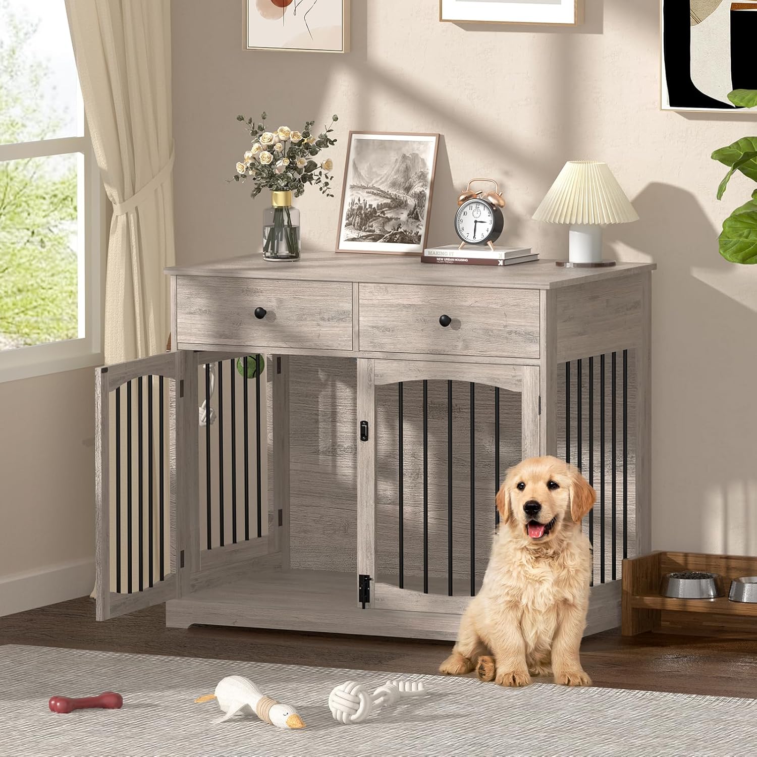 40 Inch Furniture-Style Dog Crate-Multipurpose Wood Pet Crate Furniture with Double Doors,2 Drawers, Decorative Dog House Indoor for Smal/Medium Dogs, Gray Finish
