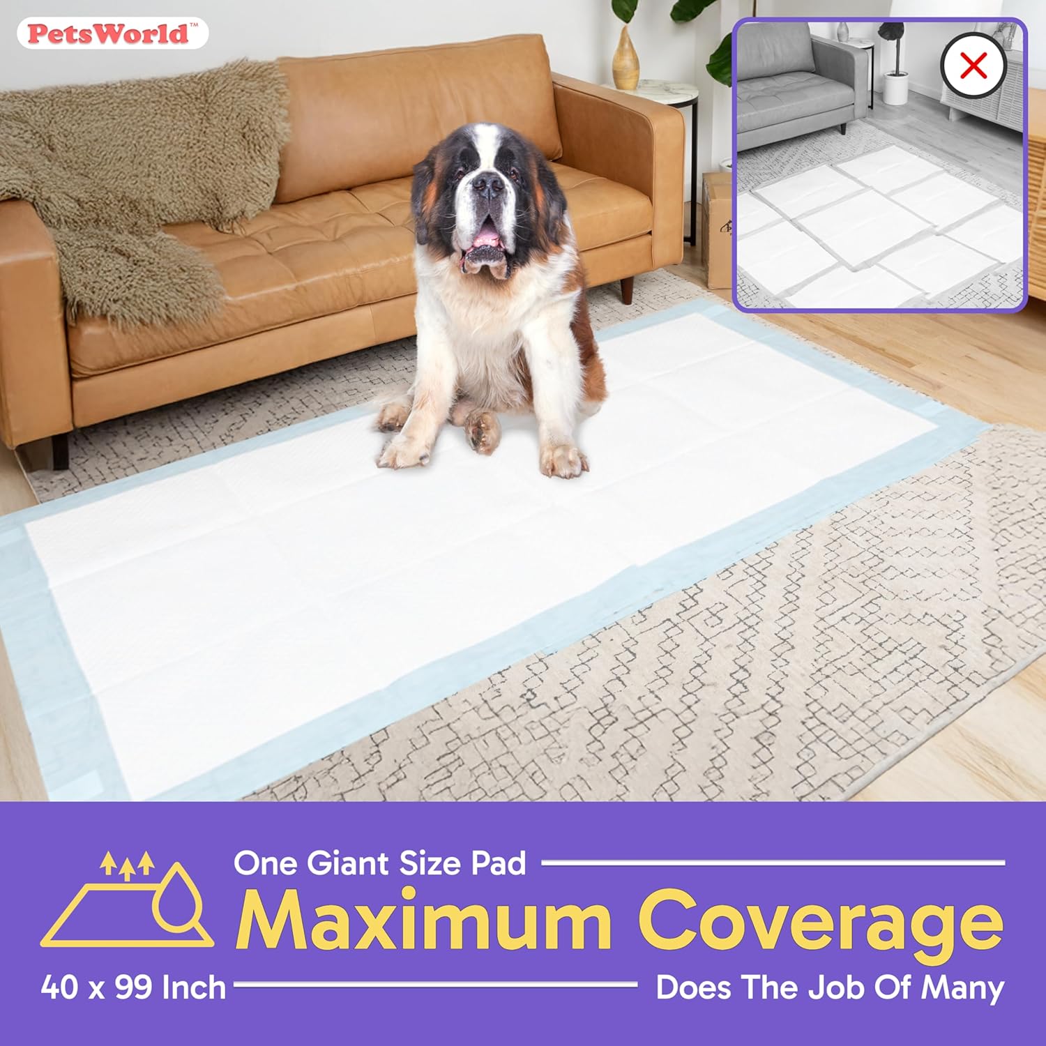 PETSWORLD Mega-Sized Dog Pee Pads (40" x 99") – 4XL Gigantic Pet Piddle Pads for Puppy Training, Incontinence – with Adhesive Sticky Tape – Leak Proof, 5-Layer Protection (20 Count)