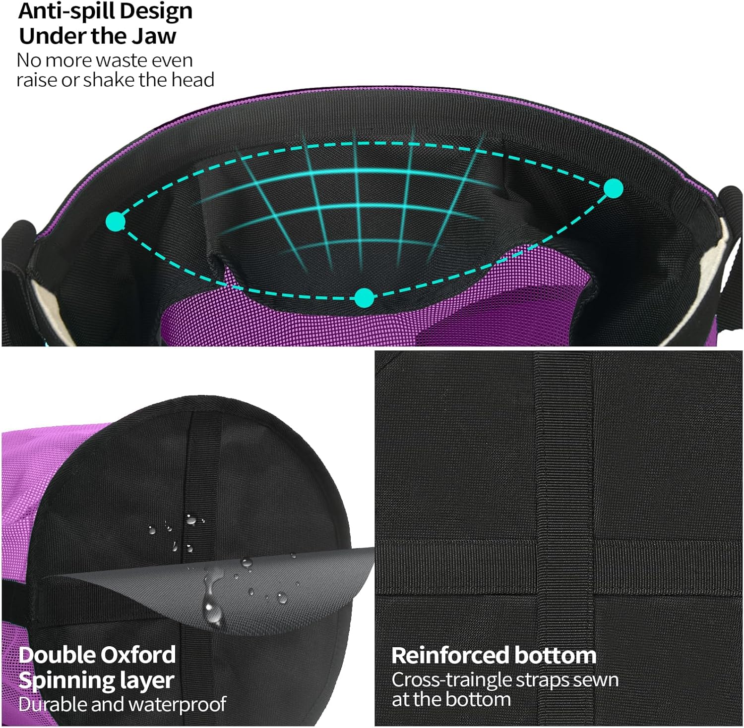 Horse Feed Bag 2 Pcs, Mesh Feed Bags for Horses, Muzzle Feedbag for Feeding Grain, Anti-Spill Design Feeder, Soft Neck Pad Nose Pad, Universal Fit (Purple, Pack of 2)
