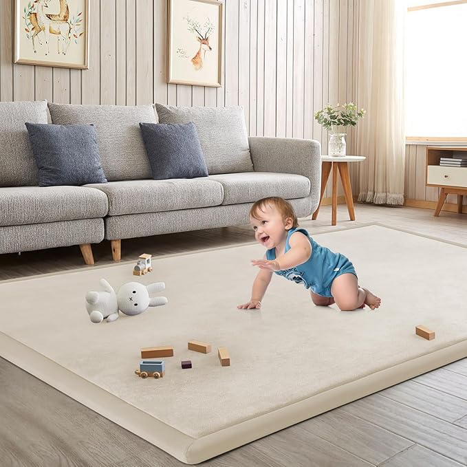 Baby Play Mat for Floor Tummy Time Mat Nursery Muscle Area Rug Playroom Rug Tatami 59"*59" Memory Foam 1.3" Thick Crawling For Babies,Toddlers, Infants, Kids,Floor(Beige)