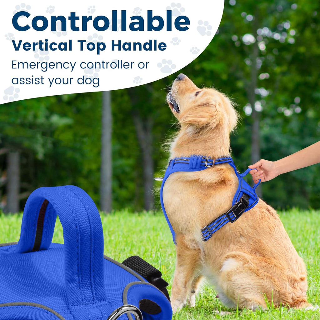 Funfox Dog Harness No Pull, Adjustable Pet Vest Harness, Super Soft Material with Vertical Handle Easy Control, Reflective Night Walking, 2 Leash Clips for Medium Sized Dogs, Blue, M