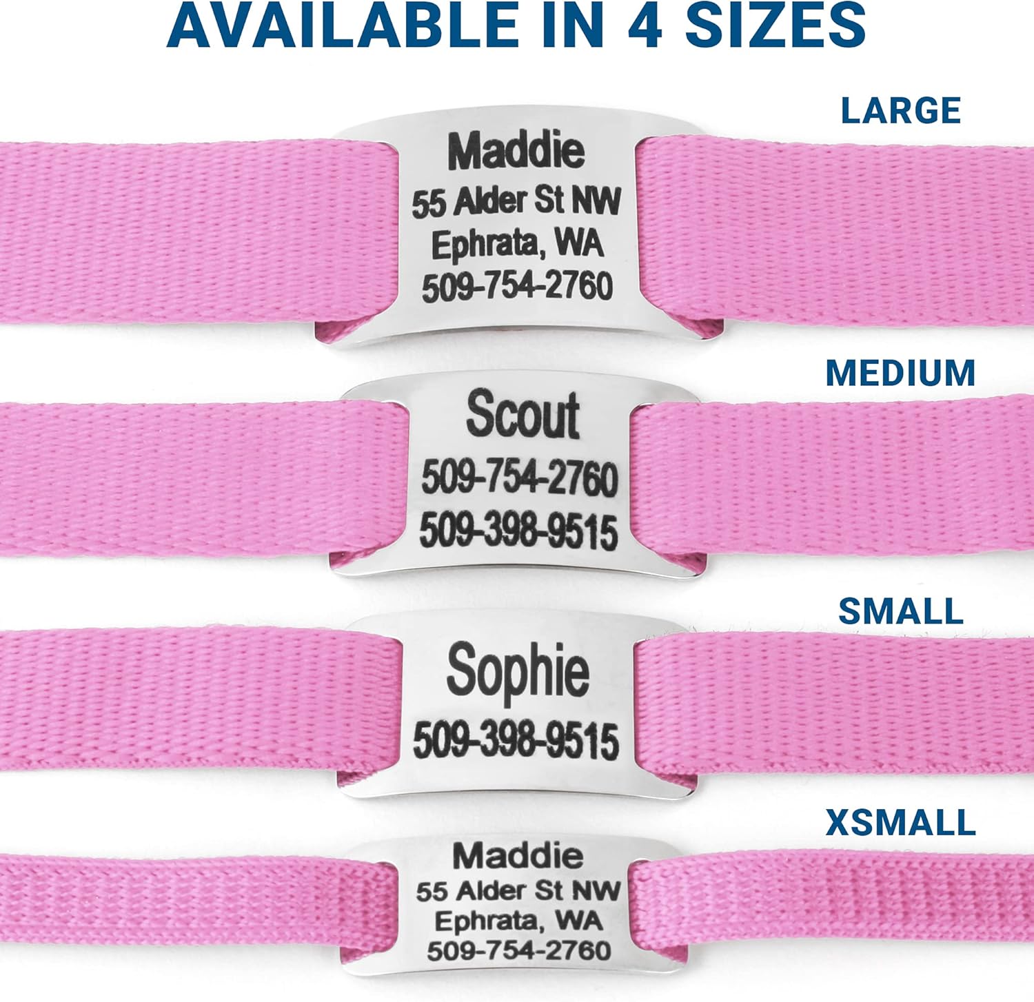 GoTags Personalized Dog Collar with Nameplate, Adjustable Dog Collar with Custom Engraved Slide On Pet ID Tag in Stainless Steel, Silent, No Noise Dog Tag for Large Medium and Small (Pink, Small)