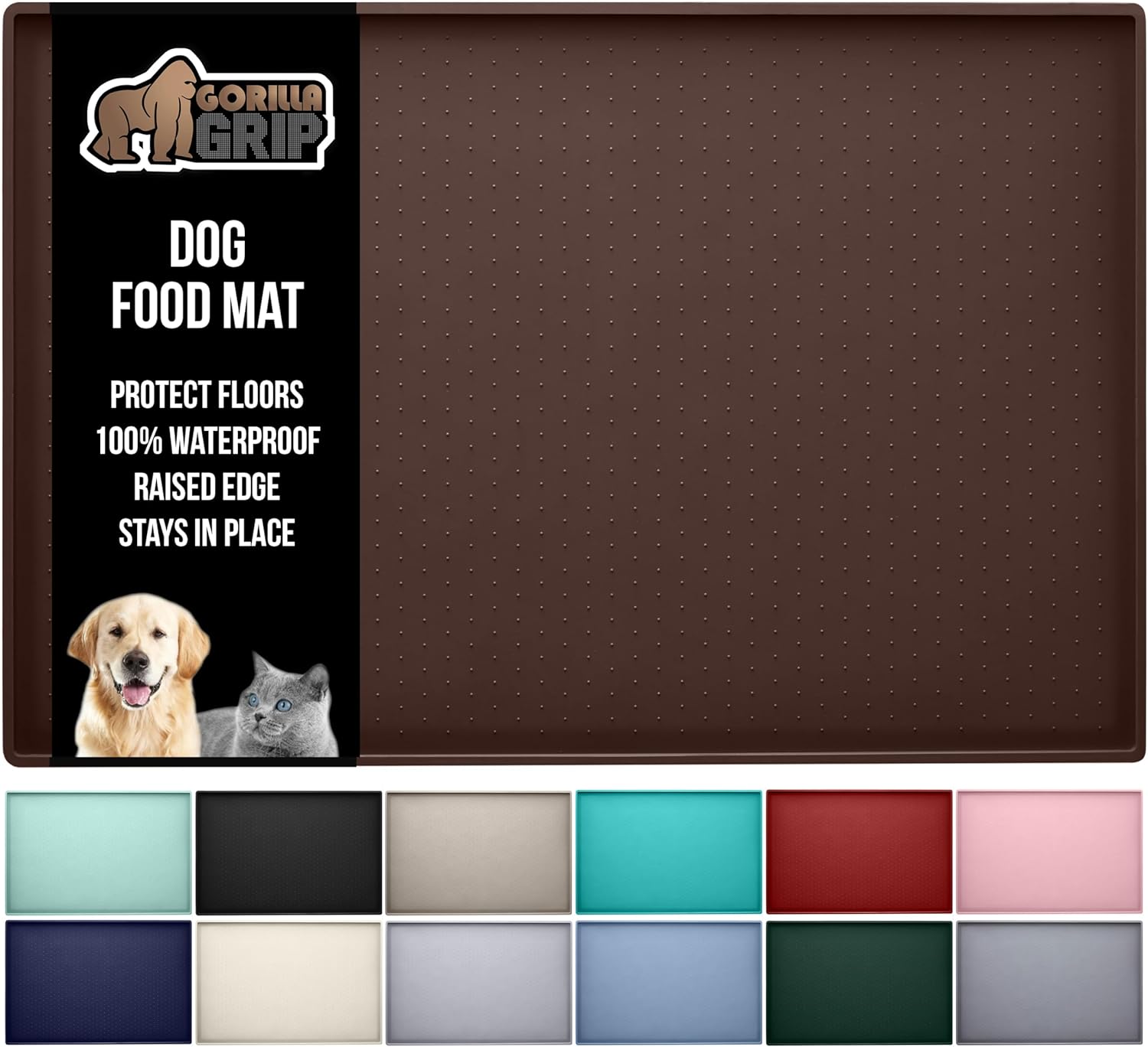 GORILLA GRIP 100% Waterproof Raised Edge BPA Free Silicone Pet Feeding Mat, Dog Cat Food Mats Contain Spills Protects Floors, Placemats for Cats and Dogs Water Bowl, Pets Accessories 18.5x11.5 Brown