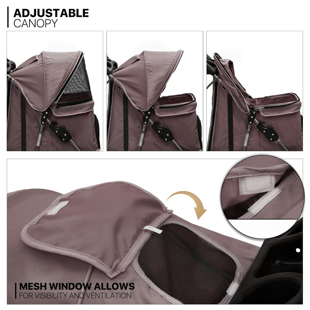 MoNiBloom Foldable Dog Strollers for Small Dogs with Weather Cover, 3 Wheels Pet Strolling Cart for Dogs and Cats with Storage Basket and Cup Holder, Breathable and Visible Mesh for All-Season, Coffee