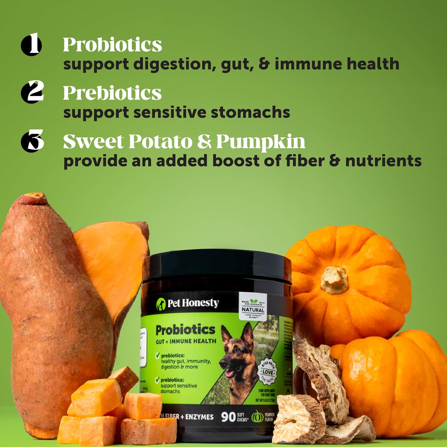 Probiotics for Dogs for Occasional Diarrhea & Bowel Support, Digestive Enzymes with Prebiotics for Gut Health for Dogs, Immunity Health & Itch Relief (Duck 90 ct)
