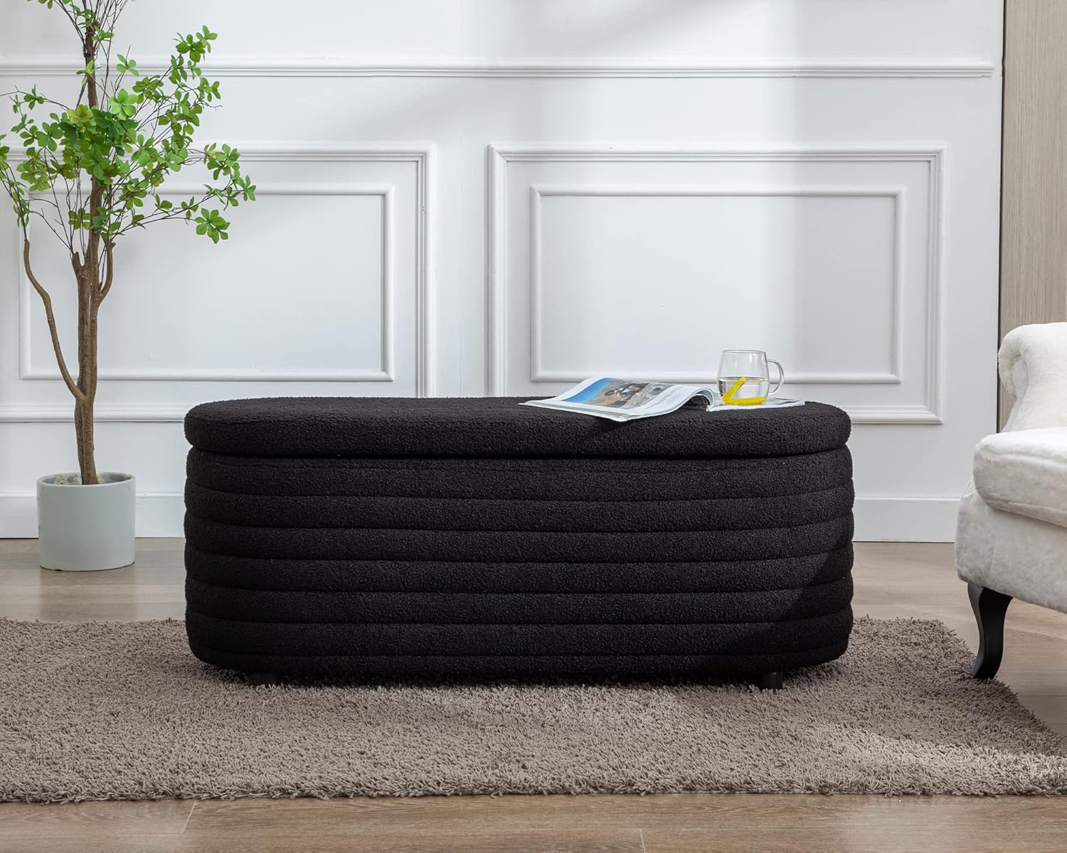 Storage Ottoman Bench Upholstered Fabric Storage Bench End of Bed Stool with Safety Hinge for Bedroom, Living Room, Entryway (45.5-inch, Black)