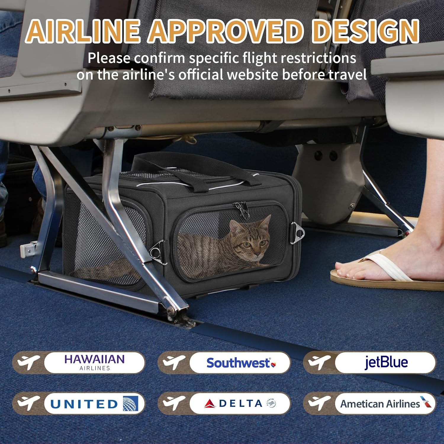 ‌Petsfit Airline Approved Pet Carrier for Small Cats, 16.5x8.6x11 TSA Approved Carrier, with Removable Dual-Sided Padding (2-Way Placement) - Fits Under Most Airplane Seats, Escape Proof (Black)