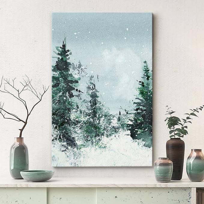 SIGNWIN Canvas Print Wall Art Woodland Nursery Decor Winter Snow Watercolor Pine Tree Forest Nature Illustrations Modern Art Decorative Landscape Colorful for Living Room, Bedroom, Office - 16"x24"