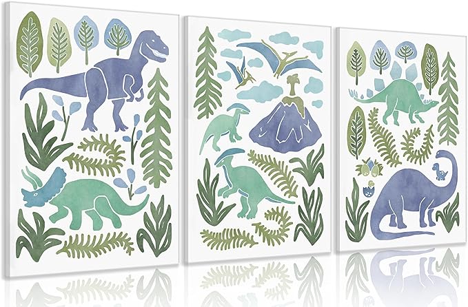 Baby Boys Nursery Wall Art Blue Green Dinosaur Pictures Wall Decor Stegosaurus T-Rex Triceratops Pterodactyl Posters Artwork Watercolor Dino Painting Canvas Prints for Kids Room Toddler Boy Room Decor