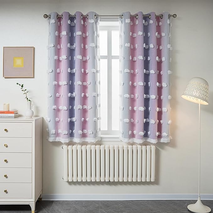 MYSKY HOME Pink Purple Curtains for Girls Bedroom - 54 Inch Long White Pom Pom Sheer Small Double Layer Grommet Room Darkening Nursery Curtains, 52 X 54 in