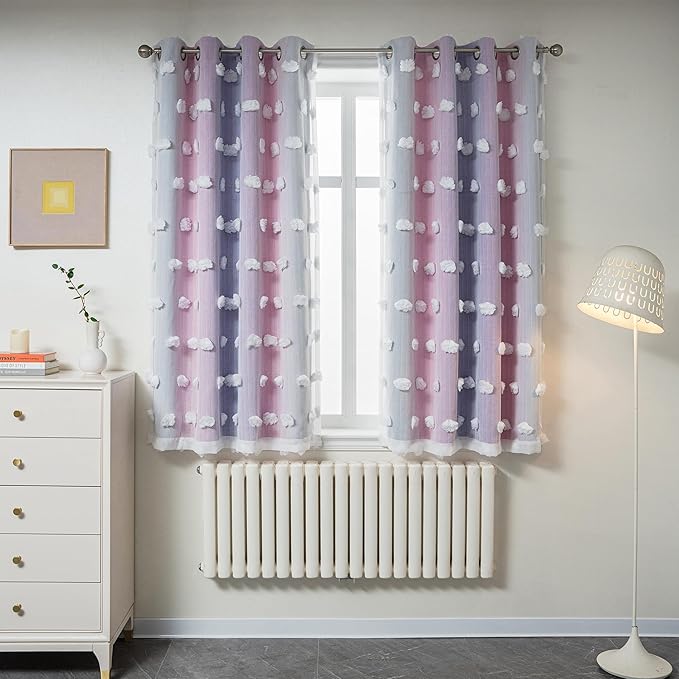 MYSKY HOME Double Layer Curtains for Girls Bedroom Pink Purple Curtains for Daughter Room Ombre Kids Curtains White Pom Pom Sheer Drapes 63 Inches Length Room Darkening Grommet 2 Panels W52 X L63