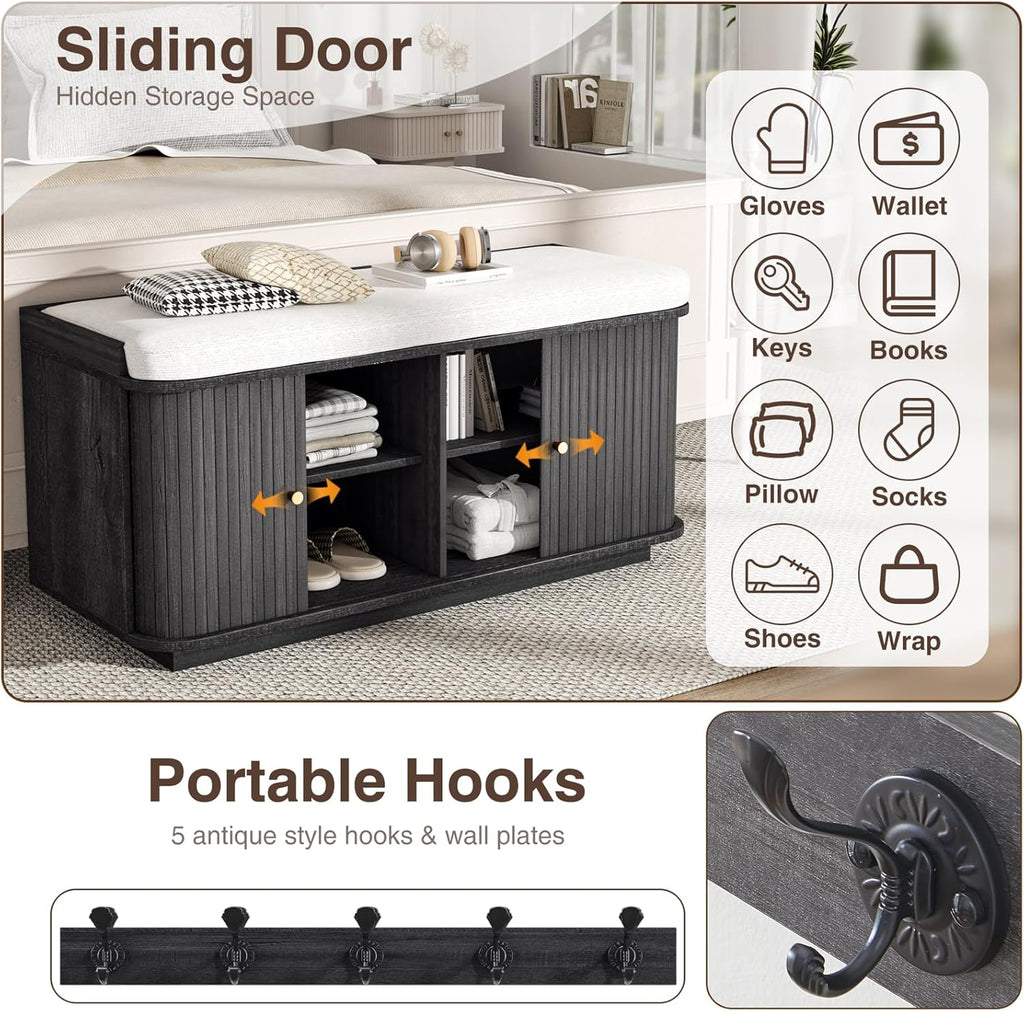 Dark Grey 39.4" W 2-Tier Shoe Bench with Storage | Entryway Bench with Padded Cushion, Sliding Doors & 5 Hooks