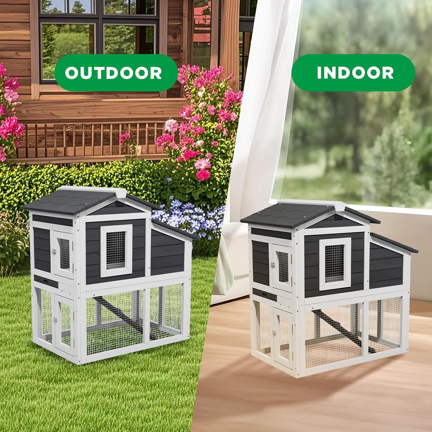2 Story Rabbit Cage, Weatherproof Rabbit Hutch Indoor & Outdoor, Wooden Guinea Pig Cages with Removable Tray Openable Roof for Small to Medium Animals