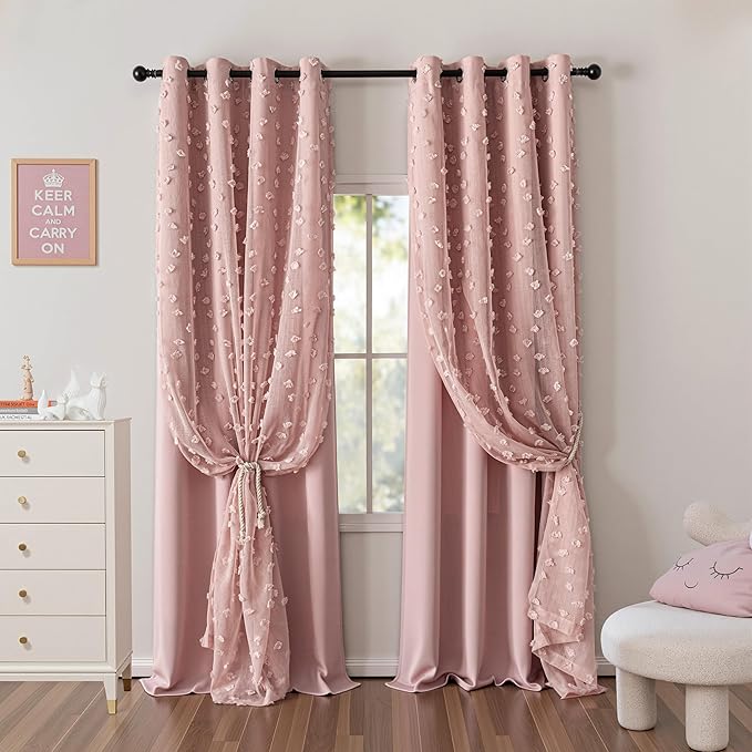 MYSKY HOME Pink Curtains for Bedroom 95 Inches Long Living Room Curtain with Pink Pom Pom Sheer for Dining Room Grommet Double Layer Nursery Curtain Drapes Room Darkening Window Panels 52 Wide