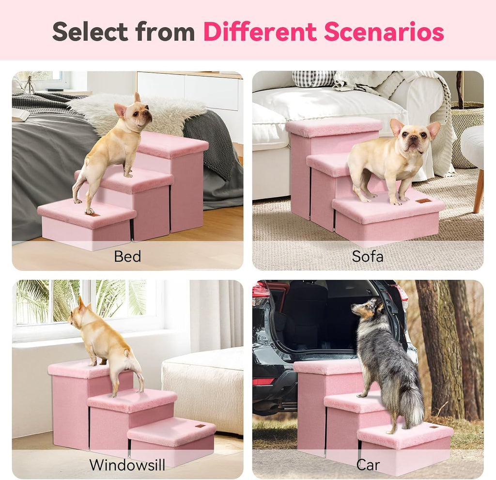Dog Stairs with Furry Lids 18" H, 3-Step Wider Dog Steps with Storage for Small/Medium/Large Dogs Cats, Folding Sturdy Pet Stairs Climbing Bed or Sofa, Ramp for Car Hold Up to 200 lbs, Pink