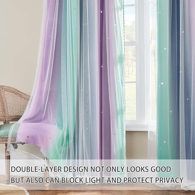 XiDi Purple Grey Green Curtains for Girls Bedroom 96 Inches Long 2 Panels Set, Rainbow Blackout Curtains for Kids Nursery Room Decor, Unicorn Wall Decals Drapes for Living Room 52 Inches Wide