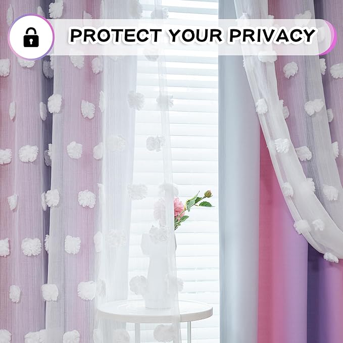 MYSKY HOME Pink Purple Curtains for Girls Bedroom - 54 Inch Long White Pom Pom Sheer Small Double Layer Grommet Room Darkening Nursery Curtains, 52 X 54 in