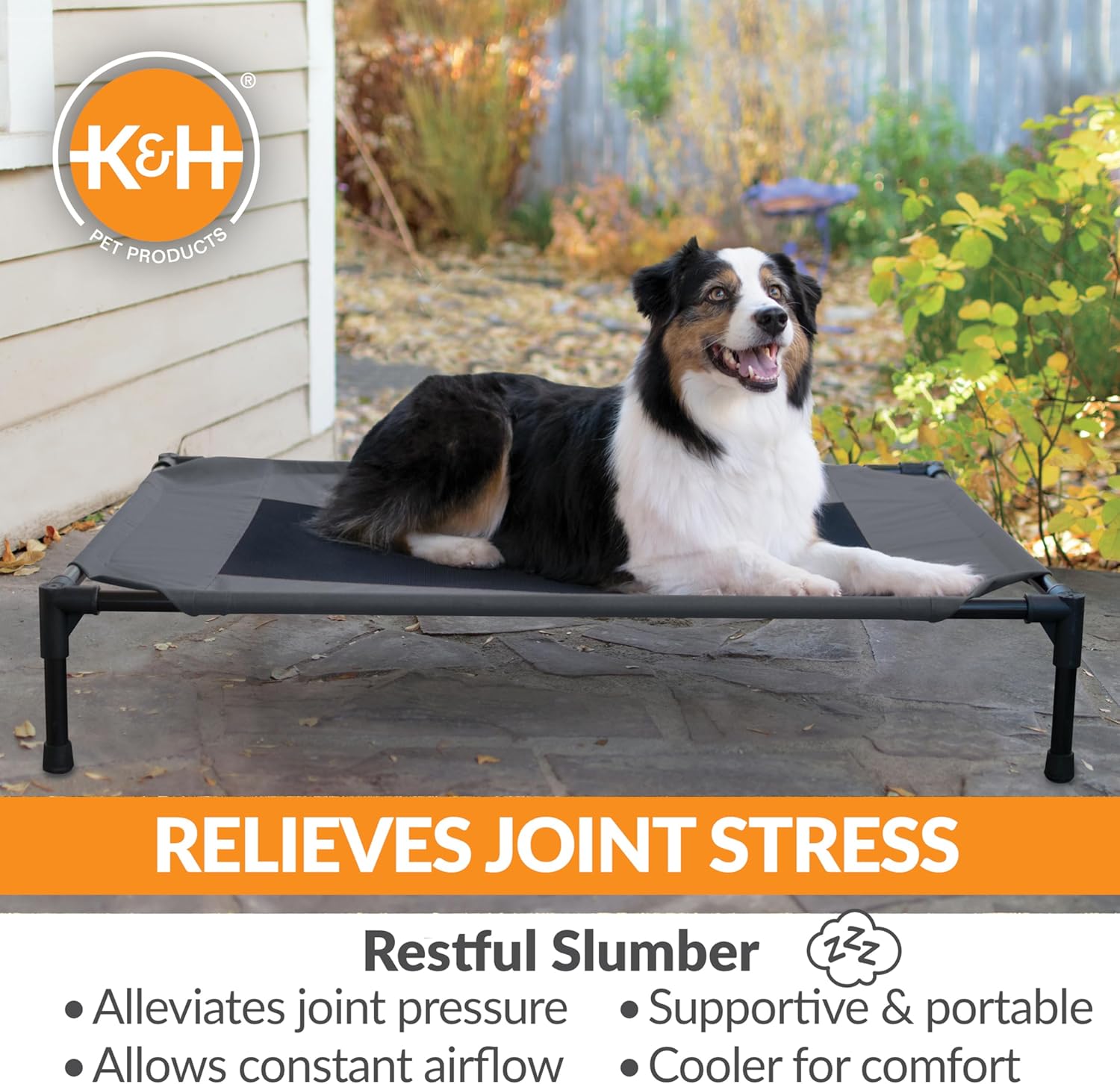 K&H Pet Products Outdoor Elevated Dog Cot, Breathable Cooling Elevated Cot Hammock Pet Bed for Large Dogs, Washable Mesh Cover, Raised Metal Frame, Collapsible, Portable - Large 42 X 30in Charcoal