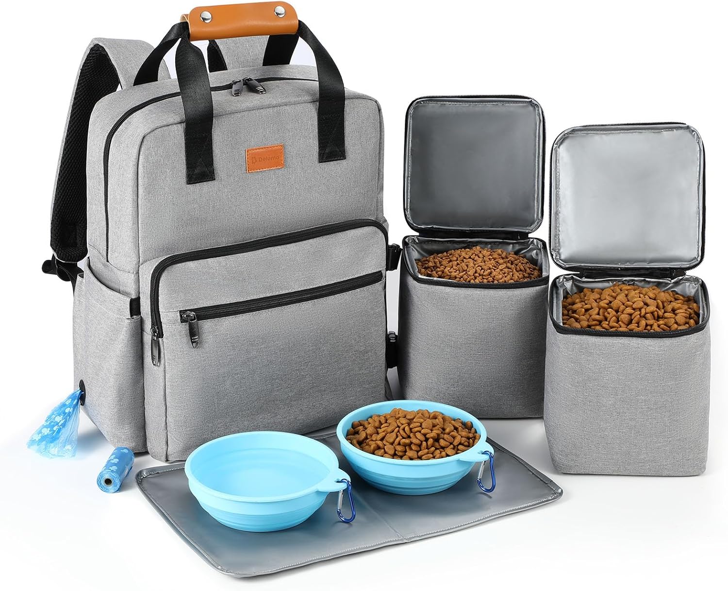 Dog Travel Bag, 25L Airline Approved Dog Travel Backpack for Pet Travel Accessories with 2 Food Storage Containers, 2 Foldable Bowls for Short Trips, Grey
