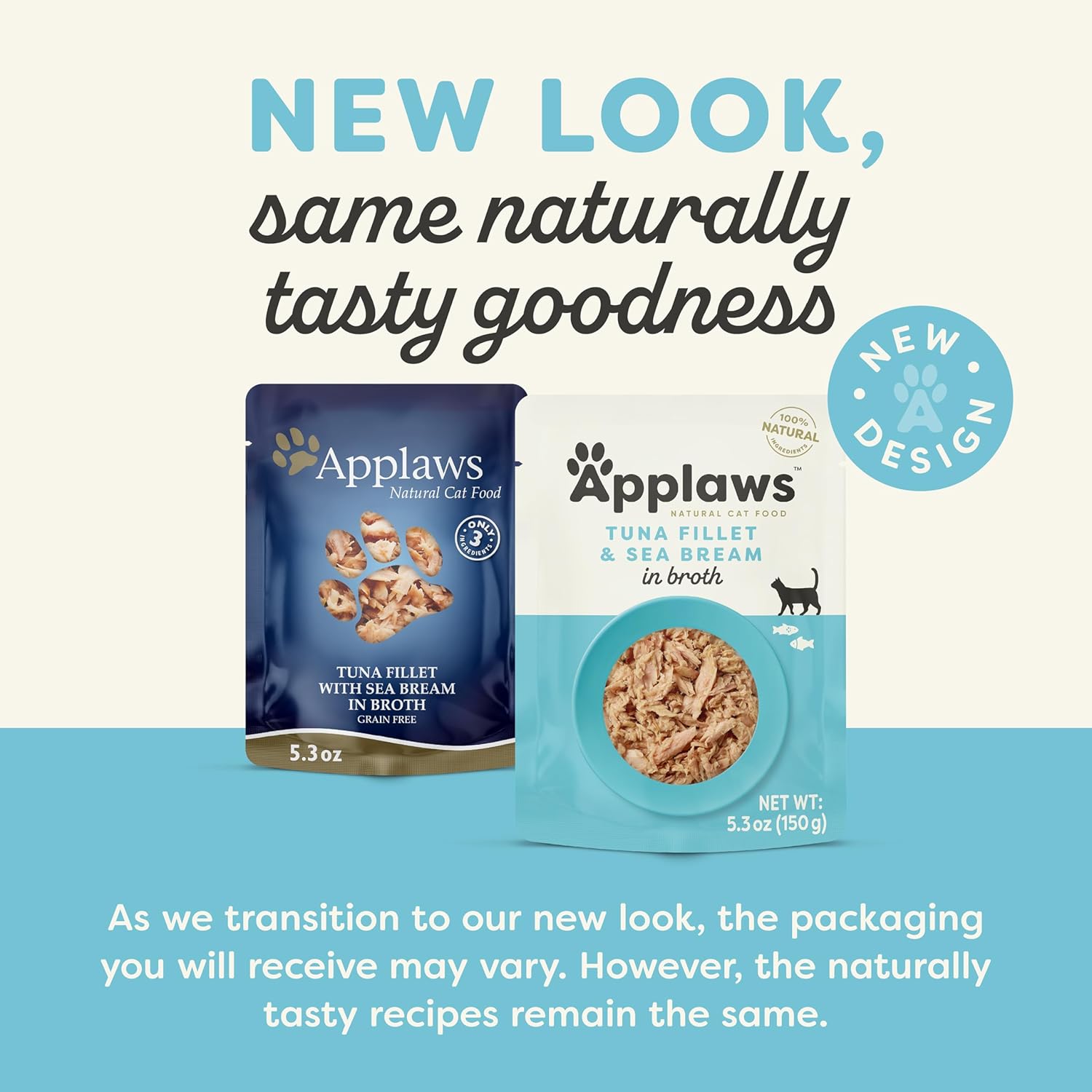 Applaws Natural Wet Cat Food in Broth, Limited Ingredient Wet Cat Food Pouches, No Additives, Made with Natural Ingredients, Tuna Fillet with Seabream in Broth (12 x 5.3oz Pouches)