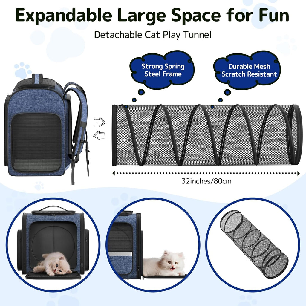 Pawtners Cat Carrier Backpacks Expandable Pet Backpack with Breathable Mesh, Pet Carrier Backpack for Cats Small Dogs Puppies Up to 18 Lbs, Dog Carrier Backpack for Travel Hiking Camping Outdoor Blue