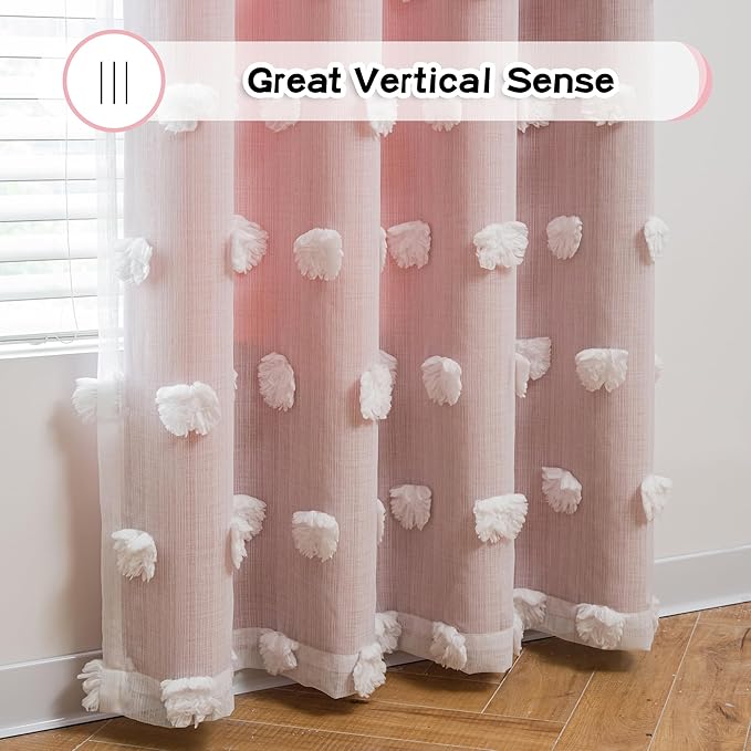 MYSKY HOME Double Layer Curtains for Girls Bedroom Kids Curtain White Pom Pom Sheer Window Curtains 2 Panels Pink Curtains Grommet Room Darkening Solid Nursery Curtains 63 Inches Length, W52 X L63