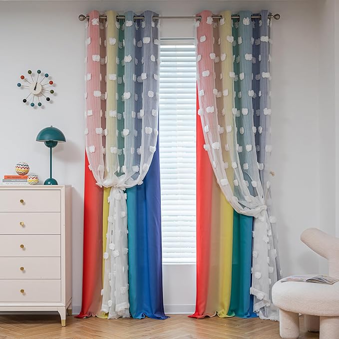 MYSKY HOME Rainbow Curtains for Boys Bedroom Kids Curtains Pom Pom White Sheer Window Curtains Double Layer Solid Nursery Curtains 84 Inches Length Room Darkening Grommet 2 Panels, W52 X L84