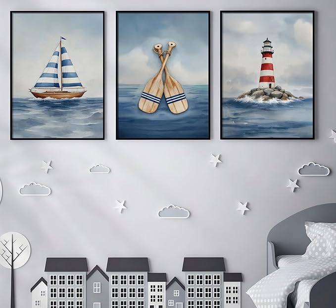 SEINEMBSC Blue Nautical Nursery Wall Art Vintage Sailboat Lighthouse Pictures Wall Decor Boy Coastal Posters Navy Sea Ocean Canvas Print Artwork for Kids Boys Room Playroom Bedroom Decor, Unframed